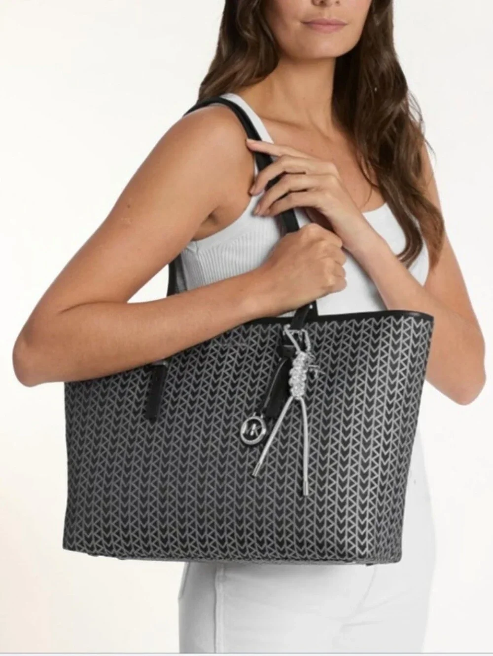 Michael Kors Silver Braided Leather Keyring with MK Charm